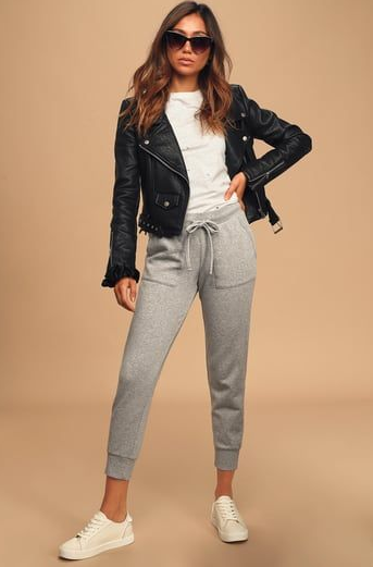 T-Shirt, Leather Jacket, And Grey Pants For Women