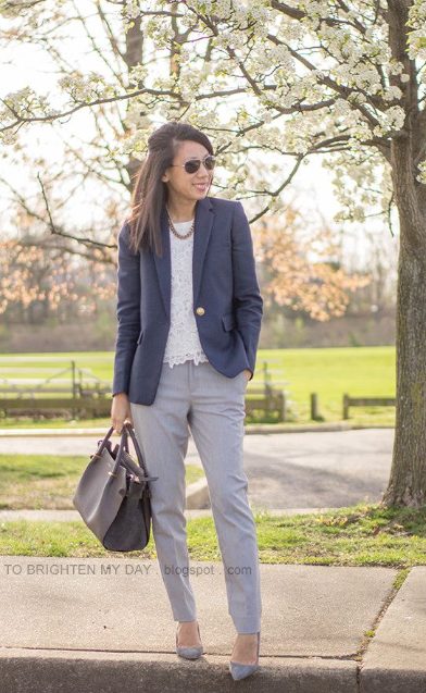  Lace Shirt, Blazer, And Grey Pants For Women