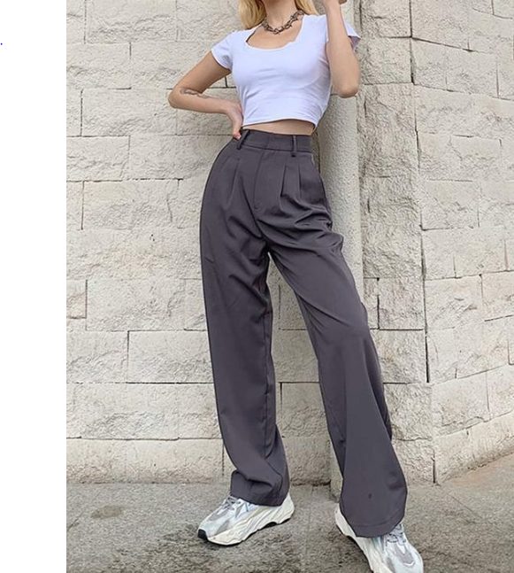 Crop Top With Grey Straight Trousers Pants For Women