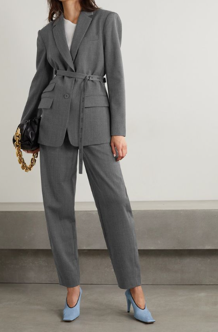 Dark Gray Belted Twill Blazer With Grey Pants For Women