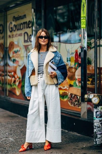 Loose Gray ưide Leg Pants With A Denim Jacket For Women