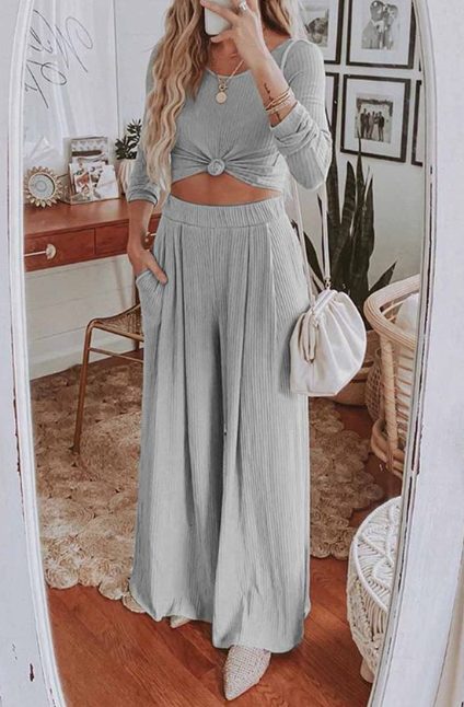 Grey Two-Piece Round Neck Solid Color Long Sleeves Wide Legs