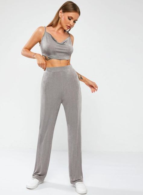 Dark Grey Front Top And Wide-Leg Pants Set