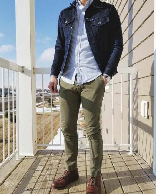 Light Blue Shirt, Denim Jacket and Green Slacks