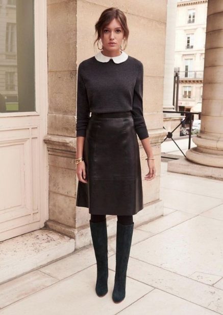 Shirt Collar Sweater, Leather Skirts with Tights