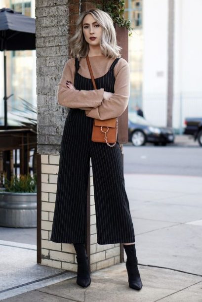 Wool Tops with the Wide-leg Vertical Plaid Jumpsuit