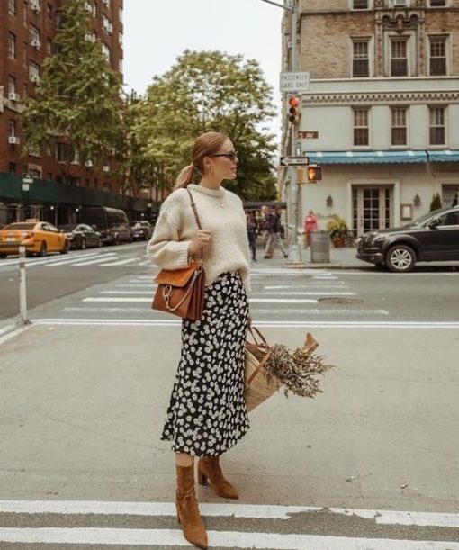 Loose Sweaters with Floral Midi Skirts