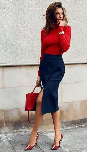 Red Sweater, Pencil Skirt, And Pumps