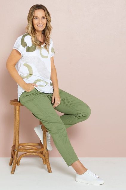 White Sneakers And Olive Green Drawstring Joggers