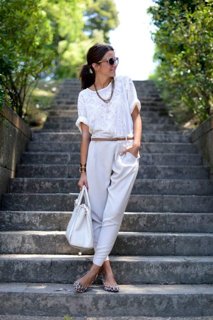 White Top And Joggers With Animal Print Flats