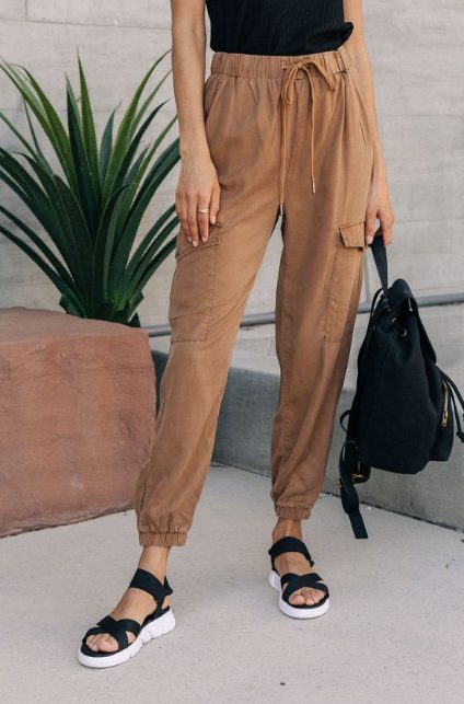 Camel Tencel Joggers and Black-Strapped Slides