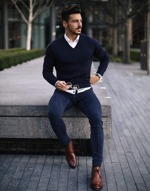  Sweater over Shirt with Jeans and Leather Shoes
