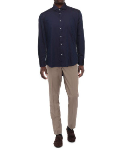Long-Sleeve Button-Down Shirts, Neutral Slacks, And Suede Shoes