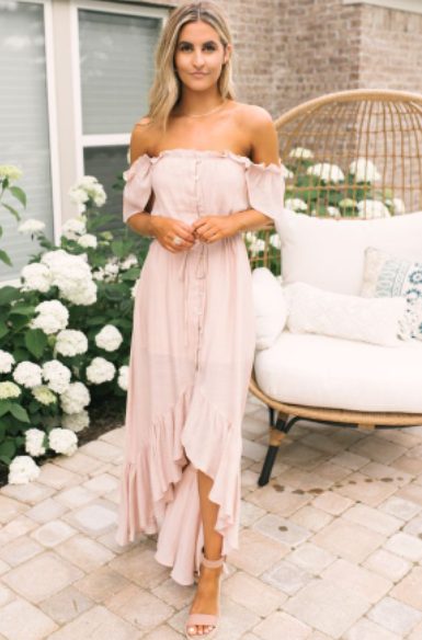 Off The Shoulder Maxi Dresses And Wedge Sandals