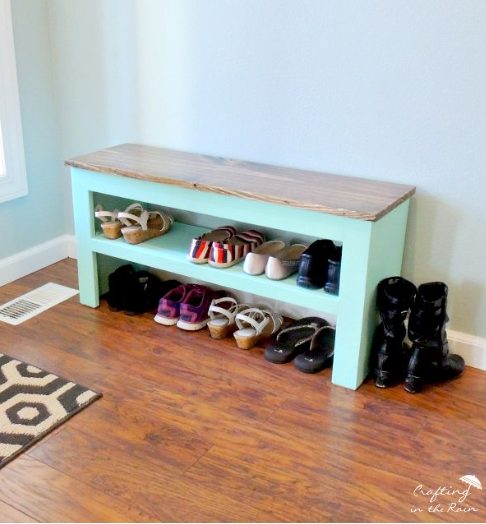 DIY Painted Shoe Bench With Stained Top