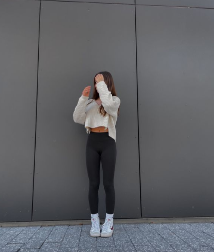 Leggings Combined with Comfort Crop Tops and Sneakers