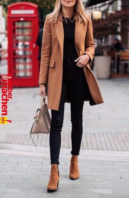 Light Camel Wool Coat With Black Jeans & Brown Leather Shoes