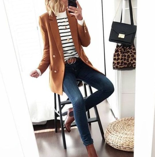 Black And White Striped Sweater With Jeans & Brown Leather Shoes