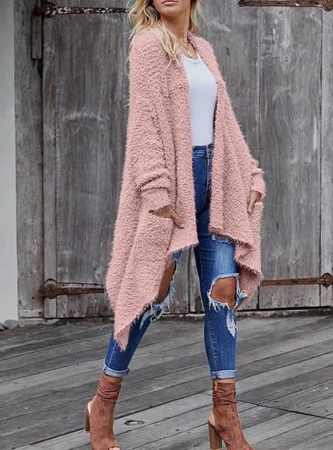 Long Sleeve Baggy Cardigan Coat, Ripped Jeans, White Tank Top, Brown Open Toe