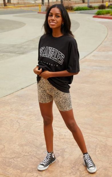 Oversized T-shirts with Cheetah Biker Shorts and Converse