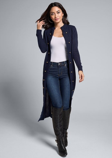 Select a turtleneck or cardigan