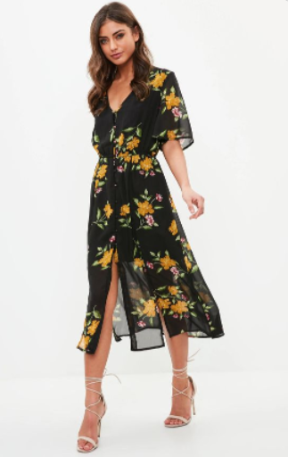 Kimono Sleeve Midi Dress in Floral Print and High Heel Lace-up Sandals