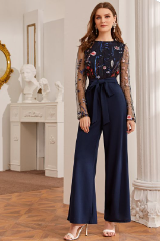 Embroidered Flowers Wide-leg Jumpsuit and Ankle Strap Heels