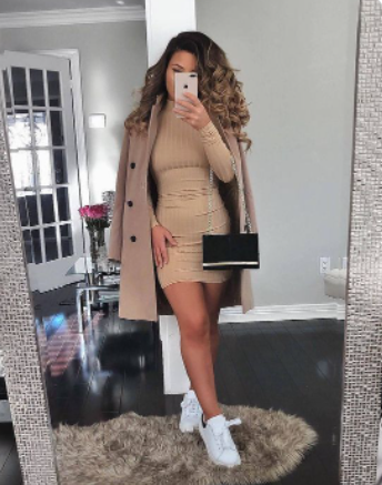 Long Sleeve High Neck Bodycon Mini Dresses and Sneakers