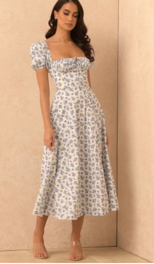 Retro Puff Sleeve Floral Dresses and Heel Sandals