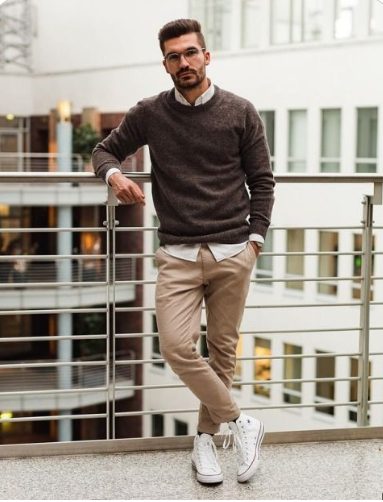 Sweater over Shirts, Trousers, and Sneakers