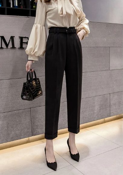 Silk Blouse And High Waist Ankle Length Elegant Office Pants With Belt
