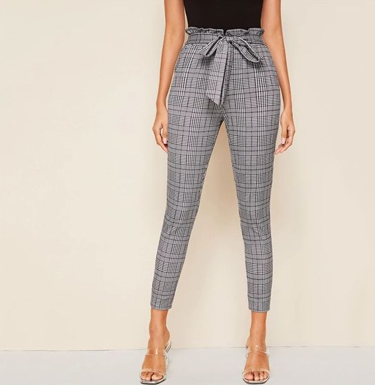 High Waisted Plaid Belted Ankle Pant