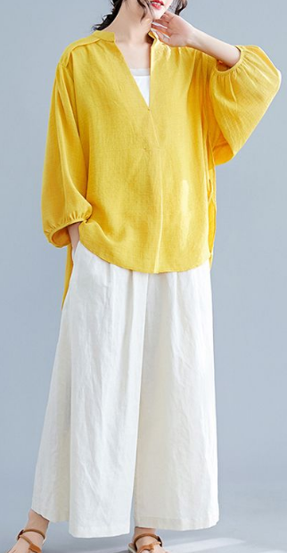 Yellow V Neck Batwing Sleeve Crane Tops Oversized Blouses