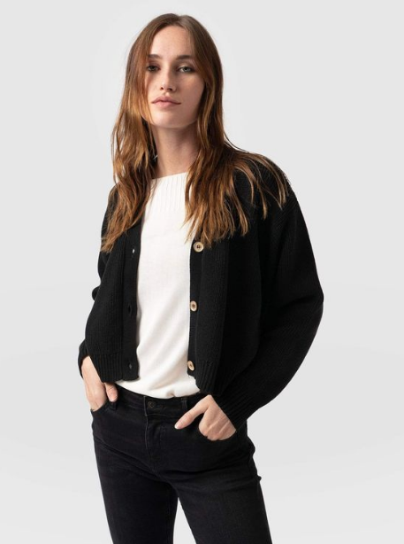 Organic-Cotton Ribbed Cardigan in Black