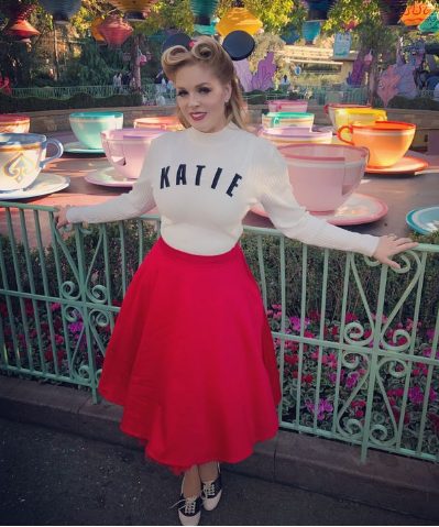 White Long-Eared Sweater And Red A-Line Skirt