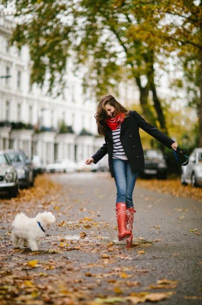 Red Rain Boots with a T shirt Horizontal Stripped