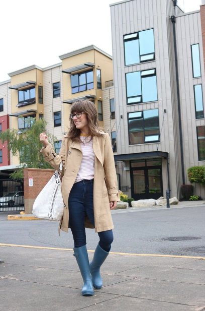 Tan Jackets with Rain Boots