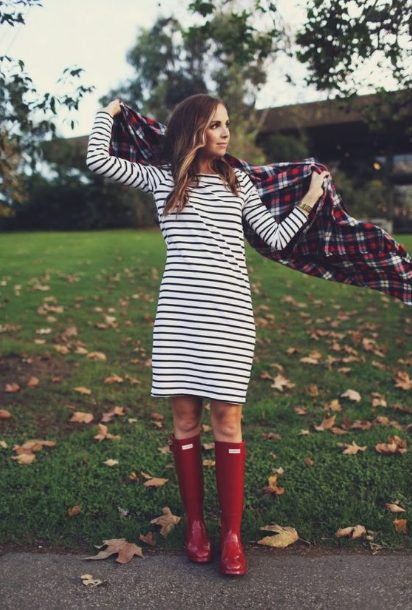 Horizontal Stripped Dress with Red Boots