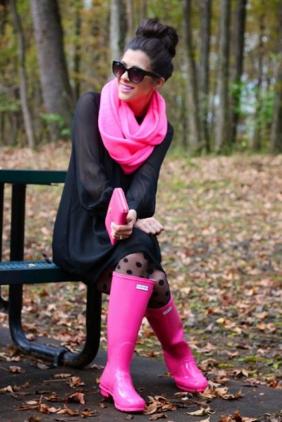 Black Dress & Pink Scarf with Pink Rain Boots