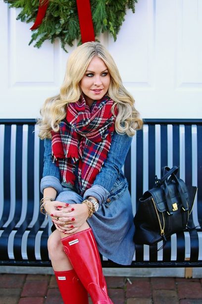 Denim Dress & Scarf with Red Rain Boots