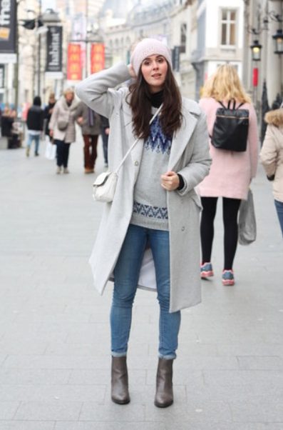 Grey Boots with a Coat that Matches and a T-Shirt 
