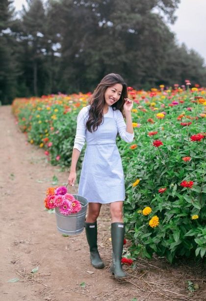 A Blue Pastel Dress with Grey Boots