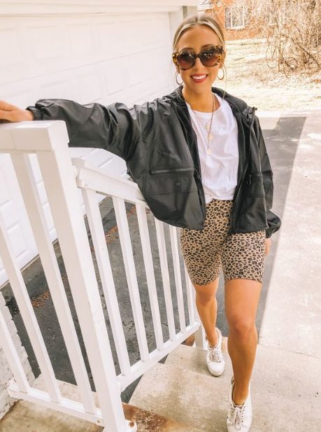 Black Leather Jacket & White T-shirt with Cheetah Print Biker Short