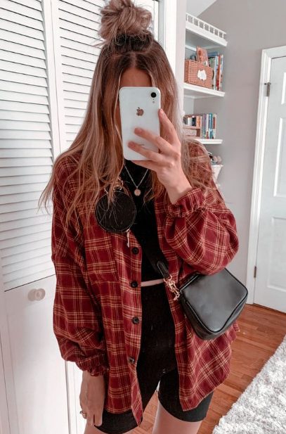 Flannel & Croptp with Black Biker Short