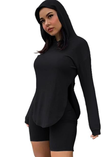 Black Slit Hoody Top and Biker Shorts Set