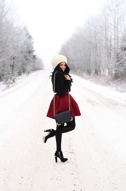 Black Fit Sweaters & Red High Waisted A-line Skirt 