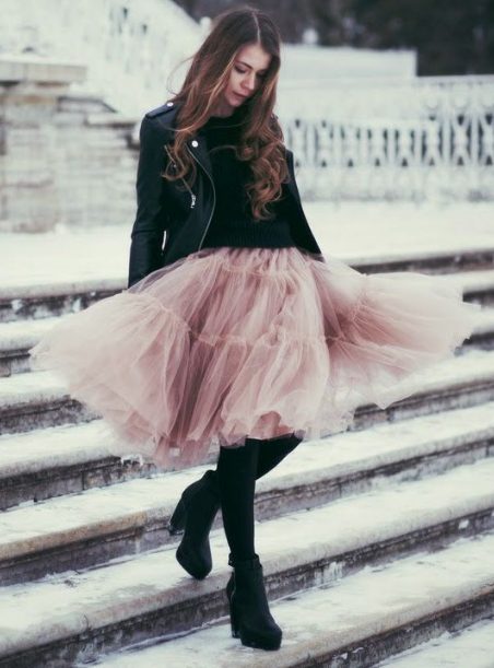 Sweater, Leather Jackets with Tulle Skirts and Boots