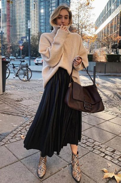 Oversized Sweater with Pleated Midi Skirts and Animal-printed Boots