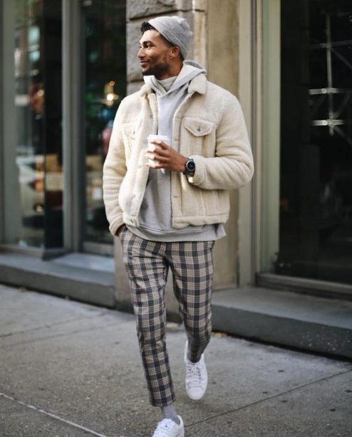 Hoodie, Fur Jackets with Plaid Trousers 