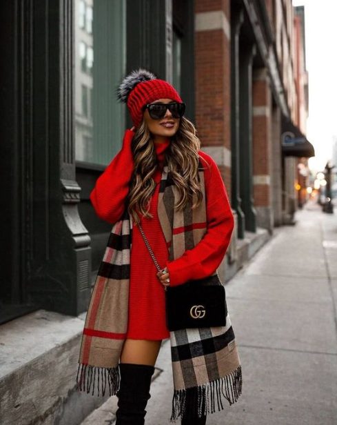 Red Sweater Dress with Red Beanie Hats and Thigh-high boots with Burberry Scarves